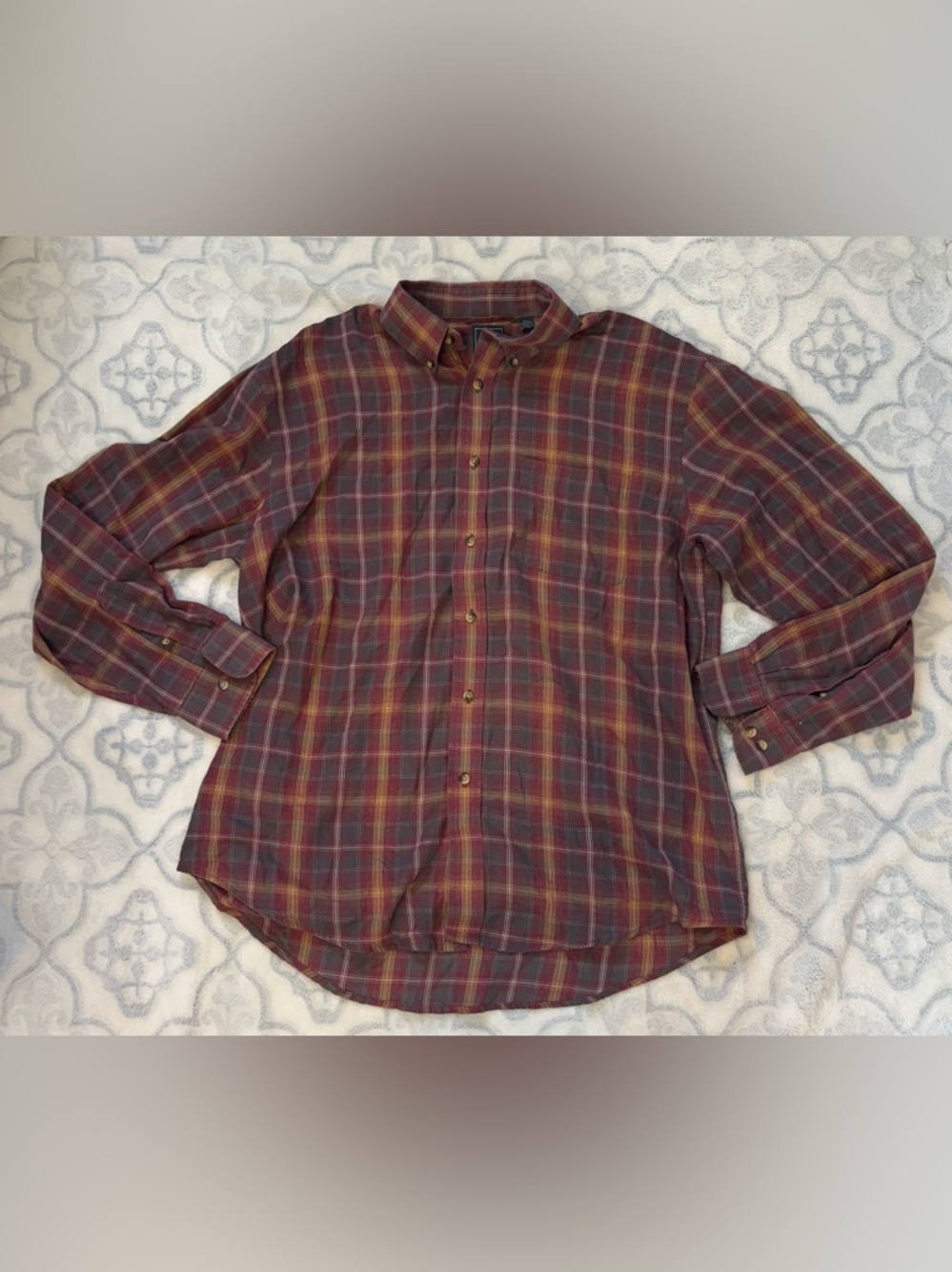 Arrow Burgundy and Mustard Plaid Button-Down Shirt